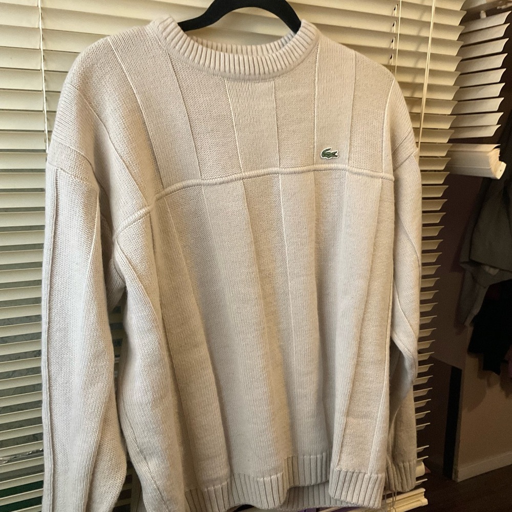 Lacoste Men's Cream Crewneck Sweater with Embroidered Croc